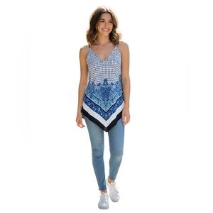 IN San Francisco Blue White Printed Handkerchief Hem Tank Top Size L
